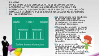 EJEMPLO:
UN EJEMPLO DE LAS CONSECUENCIAS ES SEGÚN LO DICHO O
ACORDADO ANTES: TÚ NO HAS SIDO AMABLE CON ELLA Y, EN
CONSECUENCIA, ELLA NO QUIERE SABER NADA DE TI. UNA DECISIÓN
TOMADA A DESTIEMPO PUEDE CAUSAR RESULTADOS NO ESPERADOS
EN UNA INSTITUCIÓN.
La certidumbre es la condición
en que los individuos son
plenamente informados sobre
un problema, las soluciones
alternativas son obvias.
El riesgo la condición en la que
los individuos pueden definir un
problema, especificar la
probabilidad de ciertos hechos,
identificar soluciones
alternativas y enunciar la
probabilidad de que cada
solución dé los resultados
deseados.
La incertidumbre es la
condición en que un individuo
no dispone de la información
necesaria para asignar
probabilidades a los resultados
de las soluciones alternativas.
 