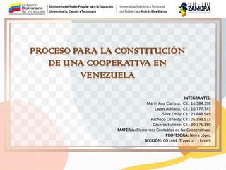PROCESO PARA LA CONSTITUCIÓN
DE UNA COOPERATIVA EN
VENEZUELA
INTEGRANTES:
Marín Ana Clarissa. C.I.: 16.584.398
Lagos Adria...