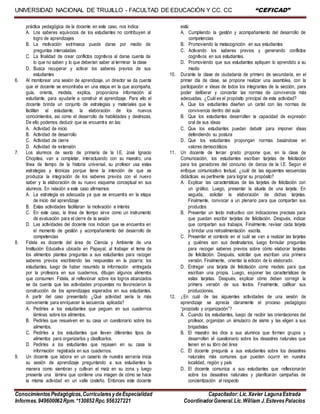 UNIVERSIDAD NACIONAL DE TRUJILLO - FACULTAD DE EDUCACIÓN Y CC. CC “CEFICAD”
ConocimientosPedagógicos,CurricularesydeEspecialidad Capacitador:Lic.Xavier LagunaEstrada
Informes.949600062Rpm.*130852Rpc.956327221 CoordinadorGeneral.Lic.William J.EstevesPalacios
práctica pedagógica de la docente en este caso, nos indica:
A. Los saberes equívocos de los estudiantes no contribuyen al
logro de aprendizajes
B. La motivación extrínseca puede darse por medio de
preguntas intercaladas
C. La finalidad de crear conflictos cognitivos al darse cuenta de
lo que no saben y lo que deberían saber al terminar la clase
D. Busca recuperar y activar los saberes previos de sus
estudiantes
6. Al monitorear una sesión de aprendizaje, un director se da cuenta
que el docente se encontraba en una etapa en la que acompaña,
guía, orienta, modela, explica, proporciona información al
estudiante, para ayudarle a construir el aprendizaje. Para ello el
docente brinda un conjunto de estrategias y materiales que le
facilitan al estudiante, la elaboración de los nuevos
conocimientos, así como el desarrollo de habilidades y destrezas.
De ello podemos deducir que se encuentra en las:
A. Actividad de inicio
B. Actividad de desarrollo
C. Actividad de cierre
D. Actividad de extensión
7. Los alumnos de sexto de primaria de la I.E. José Ignacio
Chopitea, van a completar, interactuando con su maestro, una
línea de tiempo de la historia universal, su profesor usa estas
estrategias y técnicas porque tiene la intención de que se
produzca la integración de los saberes previos con el nuevo
saber y la elaboración de su nuevo esquema conceptual en sus
alumnos. En relación a este caso afirmamos:
A. La estrategia es adecuada ya que se encuentra en la etapa
de inicio del aprendizaje
B. Estas actividades facilitaran la motivación e interés
C. En este caso, la línea de tiempo sirve como un instrumento
de evaluación para el cierre de la sesión
D. Las actividades del docente nos indican que se encuentra en
el momento de gestión y acompañamiento del desarrollo de
competencias
8. Fidela es docente del área de Ciencia y Ambiente de una
Institución Educativa ubicada en Papayal, al trabajar el tema de
los alimentos plantea preguntas a sus estudiantes para recoger
saberes previos escribiendo las respuestas en la pizarra; los
estudiantes, luego de haber resumido la información entregada
por la profesora en sus cuadernos, dibujan algunos alimentos
que consumen. Fidela, al reflexionar sobre los logros alcanzados
se da cuenta que las actividades propuestas no favorecieron la
construcción de los aprendizajes esperados en sus estudiantes.
A partir del caso presentado ¿Qué actividad sería la más
conveniente para enriquecer la secuencia aplicada?
A. Pedirles a los estudiantes que peguen en sus cuadernos
láminas sobre los alimentos.
B. Pedirles que resuelven en su casa un cuestionario sobre los
alimentos.
C. Pedirles a los estudiantes que lleven diferentes tipos de
alimentos para organizarlos y clasificarlos.
D. Pedirles a los estudiantes que repasen en su casa la
información registrada en sus cuadernos.
9. Un docente que labora en un caserío de nuestra serranía inicia
su sesión de aprendizaje preguntando a sus estudiantes la
manera como siembran y cultivan el maíz en su zona y luego
presenta una lámina que contiene una imagen de cómo se hace
la misma actividad en un valle costeño. Entonces este docente
está:
A. Cumpliendo la gestión y acompañamiento del desarrollo de
competencias
B. Promoviendo la metacognición en sus estudiantes
C. Activando los saberes previos y generando conflictos
cognitivos en sus estudiantes.
D. Promoviendo que sus estudiantes apliquen lo aprendido a su
medio
10. Durante la clase de ciudadanía de primero de secundaria, en el
primer día de clase, se propone realizar una asamblea, con la
participación e ideas de todos los integrantes de la sección, para
poder deliberar y concertar las normas de convivencia más
adecuadas. ¿Cuál es el propósito principal de esta actividad?
A. Que los estudiantes diseñen un cartel con las normas de
convivencia dentro del aula
B. Que los estudiantes desarrollen la capacidad de expresión
oral de sus ideas
C. Que los estudiantes puedan debatir para imponer ideas
defendiendo su postura
D. Que los estudiantes propongan normas basándose en
valores democráticos
11. Un docente de tercer grado propone que, en la clase de
Comunicación, los estudiantes escriban tarjetas de felicitación
para los ganadores del concurso de danza de la I.E. Según el
enfoque comunicativo textual, ¿cuál de las siguientes secuencias
didácticas es pertinente para lograr su propósito?
A. Explicar las características de las tarjetas de felicitación con
un gráfico. Luego, presentar la silueta de una tarjeta. En
seguida, solicitar la elaboración de dichas tarjetas.
Finalmente, convocar a un plenario para que compartan sus
productos.
B. Presentar un texto instructivo con indicaciones precisas para
que puedan escribir tarjetas de felicitación. Después, indicar
que compartan sus trabajos. Finalmente, revisar cada tarjeta
y brindar una retroalimentación escrita.
C. Presentar el contexto en el cuál se van a realizar las tarjetas
y quiénes son sus destinatarios, luego formular preguntas
para recoger saberes previos sobre cómo elaborar tarjetas
de felicitación. Después, solicitar que escriban una primera
versión. Finalmente, orientar la edición de lo elaborado.
D. Entregar una tarjeta de felicitación como modelo para que
escriban una propia. Luego, exponer las características de
estas tarjetas. Después, explicar cómo deben corregir la
primera versión de sus textos. Finalmente, calificar sus
producciones.
12. ¿En cuál de las siguientes actividades de una sesión de
aprendizaje se aprecia claramente el proceso pedagógico
“propósito y organización”?
A. Cuando los estudiantes, luego de recibir las orientaciones del
profesor, organizan un simulacro de sismo y las eligen a sus
brigadistas
B. El maestro les dice a sus alumnos que formen grupos y
desarrollen el cuestionario sobre los desastres naturales que
tienen en su libro del área
C. El docente pregunta a sus estudiantes sobre los desastres
naturales más comunes que pueden ocurrir en nuestra
localidad, región y país
D. El docente comunica a sus estudiantes que reflexionarán
sobre los desastres naturales y planificarán campañas de
concientización al respecto
 