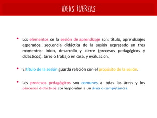 • Los elementos de la sesión de aprendizaje son: título, aprendizajes
esperados, secuencia didáctica de la sesión expresado en tres
momentos: Inicio, desarrollo y cierre (procesos pedagógicos y
didácticos), tarea o trabajo en casa, y evaluación.
• El título de la sesión guarda relación con el propósito de la sesión.
• Los procesos pedagógicos son comunes a todas las áreas y los
procesos didácticos corresponden a un área o competencia.
 