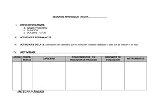 SESIÓN DE APRENDIZAJE (FECHA…………………….)
I. DATOS INFORMATIVOS:
a. GRADO Y SECCIÓN :
b. DURACIÓN:
c. DOCENTE TUTOR:
II. ACTIVIDADES PERMAMANTES
III. ACTIVIDADES DE LA I.E. (actividades del calendario que no involucran unidades didácticas u otras que se realicen si las hay)
IV. ACTIVIDAD:………………………………………………………………………………..
ÁREAS COMPE-
TENCIA
CAPACIDAD
CONOCIMIENTOS Y/0
INDICADOR DE PROCESO
INDICADOR DE
EVALUACIÓN
INSTRUMENTOS
-
(INTEGRAR ÁREAS)
 