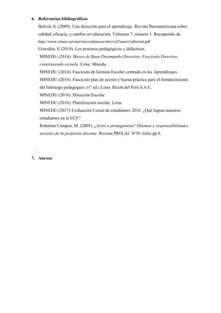 6. Referencias bibliográficas
Bolívar A. (2009). Una dirección para el aprendizaje. Revista Iberoamericana sobre
calidad, eficacia, y cambio en educación. Volumen 7, número 1. Recuperado de
http://www.rinace.net/net/reice/números/arts/vol7num1/editorial.pdf
Gonzáles, E (2014). Los procesos pedagógicos y didácticos.
MINEDU (2014). Marco de Buen Desempeño Directivo. Fascículo Directivo
construyendo escuela. Lima: Minedu.
MINEDU (2014). Fascículo de Gestión Escolar centrada en los Aprendizajes.
MINEDU (2016). Fascículo plan de acción y buena práctica para el fortalecimiento
del liderazgo pedagógico. (1º ed.) Lima. Ricoh del Perú S.A.C.
MINEDU (2016). Dirección Escolar
MINEDU (2016). Planificación escolar, Lima
MINEDU (2017) Evaluación Cessal de estudiantes 2016. ¿Qué logran nuestros
estudiantes en la ECE?
Robalino Campos, M. (2005). ¿Actor o protagonista? Dilemas y responsabilidades
sociales de la profesión docente. Revista PRELAC N°01-Julio pp 8.
.
7. Anexos
 