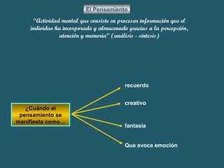 El Pensamiento 
“Actividad mental que consiste en procesar información que el 
individuo ha incorporado y almacenado gracias a la percepción, 
atención y memoria” (análisis - síntesis) 
¿Cuándo el 
pensamiento se 
manifiesta como… 
recuerdo 
creativo 
fantasía 
Que evoca emoción 
 