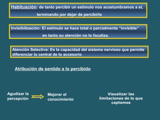 Habituación: de tanto percibir un estimulo nos acostumbramos a el, 
terminando por dejar de percibirlo 
Invisibilización: El estímulo se hace total o parcialmente “invisible” 
en tanto su atención no lo focaliza. 
Atención Selectiva: Es la capacidad del sistema nervioso que permite 
diferenciar lo central de lo accesorio 
Atribución de sentido a lo percibido 
Agudizar la 
percepción 
Mejorar el 
conocimiento 
Visualizar las 
limitaciones de lo que 
captamos 
 