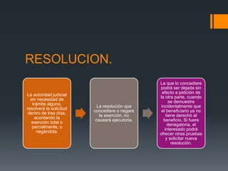 RESOLUCION.
La autoridad judicial
sin necesidad de
trámite alguno,
resolverá la solicitud
dentro de tres días,
acordando la
exención total o
parcialmente, o
negándola.
La resolución que
concediere o negare
la exención, no
causará ejecutoria.
La que lo concediere
podrá ser dejada sin
efecto a petición de
la otra parte, cuando
se demuestre
incidentalmente que
el beneficiario ya no
tiene derecho al
beneficio. Si fuere
denegatoria, el
interesado podrá
ofrecer otras pruebas
y solicitar nueva
resolución.
 