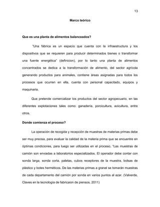 13
Marco teórico
Que es una planta de alimentos balanceados?
“Una fábrica es un espacio que cuenta con la infraestructura y los
dispositivos que se requieren para producir determinados bienes o transformar
una fuente energética” (definicion), por lo tanto una planta de alimentos
concentrados se dedica a la transformación de alimento, del sector agrícola
generando productos para animales, contiene áreas asignadas para todos los
procesos que ocurren en ella, cuenta con personal capacitado, equipos y
maquinaria.
Que pretende comercializar los productos del sector agropecuario, en las
diferentes explotaciones tales como: ganadería, porcicultura, avicultura, entre
otros.
Donde comienza el proceso?
La operación de recogida y recepción de muestras de materias primas debe
ser muy precisa, para evaluar la calidad de la materia prima que se encuentre en
óptimas condiciones, para luego ser utilizadas en el proceso, “Las muestras de
camión son enviadas a laboratorios especializados. El operador debe contar con
sonda larga, sonda corta, paletas, cubos receptores de la muestra, bolsas de
plástico y botes herméticos. De las materias primas a granel se tomarán muestras
de cada departamento del camión por sonda en varios puntos al azar. (Valverde,
Claves en la tecnología de fabricaion de piensos, 2011)
 