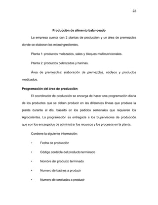 22
Producción de alimento balanceado
La empresa cuenta con 2 plantas de producción y un área de premezclas
donde se elaboran los microingredientes.
Planta 1: productos melazados, sales y bloques multinutricionales.
Planta 2: productos peletizados y harinas.
Área de premezclas: elaboración de premezclas, núcleos y productos
medicados.
Programación del área de producción
El coordinador de producción se encarga de hacer una programación diaria
de los productos que se deben producir en las diferentes líneas que produce la
planta durante el día, basado en los pedidos semanales que requieren los
Agrocolantas. La programación es entregada a los Supervisores de producción
que son los encargados de administrar los recursos y los procesos en la planta.
Contiene la siguiente información:
• Fecha de producción
• Código contable del producto terminado
• Nombre del producto terminado
• Numero de baches a producir
• Numero de toneladas a producir
 