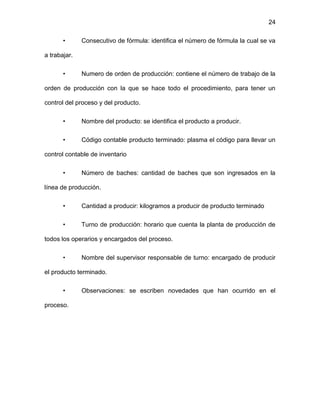 24
• Consecutivo de fórmula: identifica el número de fórmula la cual se va
a trabajar.
• Numero de orden de producción: contiene el número de trabajo de la
orden de producción con la que se hace todo el procedimiento, para tener un
control del proceso y del producto.
• Nombre del producto: se identifica el producto a producir.
• Código contable producto terminado: plasma el código para llevar un
control contable de inventario
• Número de baches: cantidad de baches que son ingresados en la
línea de producción.
• Cantidad a producir: kilogramos a producir de producto terminado
• Turno de producción: horario que cuenta la planta de producción de
todos los operarios y encargados del proceso.
• Nombre del supervisor responsable de turno: encargado de producir
el producto terminado.
• Observaciones: se escriben novedades que han ocurrido en el
proceso.
 