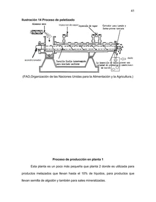 41
Ilustración 14 Proceso de peletizado
(FAO,Organización de las Naciones Unidas para la Alimentación y la Agricultura.)
Proceso de producción en planta 1
Esta planta es un poco más pequeña que planta 2 donde es utilizada para
productos melazados que llevan hasta el 10% de líquidos, para productos que
llevan semilla de algodón y también para sales mineralizadas.
 