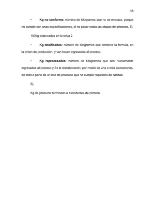 46
• Kg no conforme: número de kilogramos que no se empaca, porque
no cumple con unas especificaciones, al no pasar todas las etapas del proceso, Ej.
100kg estancados en la tolva 2
• Kg dosificados: número de kilogramos que contiene la formula, en
la orden de producción, y van hacer ingresados al proceso.
• Kg reprocesados: número de kilogramos que son nuevamente
ingresados al proceso y Es la reelaboración, por medio de una o más operaciones,
de todo o parte de un lote de producto que no cumple requisitos de calidad.
Ej.
Kg de producto terminado o excedentes de primera.
 