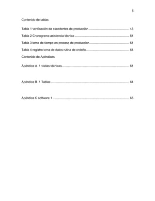 5
Contenido de tablas
Tabla 1 verificación de excedentes de producción................................................ 48
Tabla 2 Cronograma asistencia técnica ................................................................ 54
Tabla 3 toma de tiempo en proceso de produccion............................................... 64
Tabla 4 registro toma de datos rutina de ordeño................................................... 64
Contenido de Apéndices
Apéndice A 1 visitas técnicas............................................................................... 61
Apéndice B 1 Tablas ............................................................................................ 64
Apéndice C software 1 .......................................................................................... 65
 
