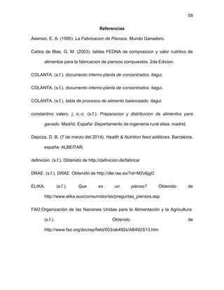 59
Referencias
Asensio, E. A. (1995). La Fabricacion de Piensos. Mundo Ganadero.
Carlos de Blas, G. M. (2003). tablas FEDNA de composicion y valor nutritivo de
alimentos para la fabricacion de piensos compuestos. 2da Edicion.
COLANTA. (s.f.). documento interno planta de concentrados. itagui.
COLANTA. (s.f.). documento interno planta de concentrados. itagui.
COLANTA. (s.f.). tabla de procesos de alimento balanceado. itagui.
constantino valero, j. o.-c. (s.f.). Preparacion y distribucion de alimentos para
ganado. Madrid, España: Departamento de ingenieria rural etsia. madrid.
Dapoza, D. B. (7 de marzo del 2014). Health & Nutrition feed additives. Barcelona,
españa: ALBEITAR.
definicion. (s.f.). Obtenido de http://definicion.de/fabrica/
DRAE. (s.f.). DRAE. Obtenido de http://dle.rae.es/?id=M2v6jgO
ELIKA. (s.f.). Que es un pienso? Obtenido de
http://www.elika.eus/consumidor/es/preguntas_piensos.asp
FAO,Organización de las Naciones Unidas para la Alimentación y la Agricultura.
(s.f.). Obtenido de
http://www.fao.org/docrep/field/003/ab492s/AB492S13.htm
 
