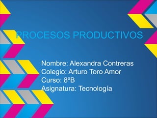 Nombre: Alexandra Contreras
Colegio: Arturo Toro Amor
Curso: 8ºB
Asignatura: Tecnología
PROCESOS PRODUCTIVOS
 