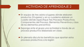 ACTIVIDAD DE APRENDIZAJE 2
 En equipo de tres asista a lugares dónde elaboren
productos (3 lugares) y en su cuaderno elabore un
cuadro dónde especifique Tres Procesos Productivos,
Componentes del Proceso, Elementos Preventivos y Usos
de los elementos preventivos
 Exponga ante el grupo una actividad a través de un
proceso productivo elaborado en clase.
 En plenaria discuta los beneficios que aportan estos
procesos productivos a la región
 