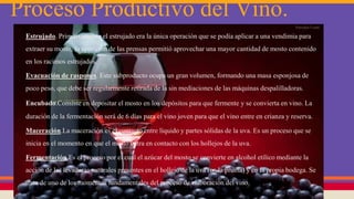 Proceso Productivo del Vino.
Estrujado. Primitivamente el estrujado era la única operación que se podía aplicar a una vendimia para
extraer su mosto, la aparición de las prensas permitió aprovechar una mayor cantidad de mosto contenido
en los racimos estrujados.
Evacuación de raspones. Este subproducto ocupa un gran volumen, formando una masa esponjosa de
poco peso, que debe ser regularmente retirada de la sin mediaciones de las máquinas despalilladoras.
Encubado.Consiste en depositar el mosto en los depósitos para que fermente y se convierta en vino. La
duración de la fermentación será de 6 días para el vino joven para que el vino entre en crianza y reserva.
Maceración.La maceración es el contacto entre líquido y partes sólidas de la uva. Es un proceso que se
inicia en el momento en que el mosto entra en contacto con los hollejos de la uva.
Fermentación.Es el proceso por el cual el azúcar del mosto se convierte en alcohol etílico mediante la
acción de las levaduras naturales presentes en el hollejo de la uva (en la pruina) y en la propia bodega. Se
trata de uno de los momentos fundamentales del proceso de elaboración del vino.
 