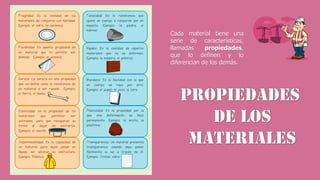 Cada material tiene una
serie de características,
llamadas propiedades,
que lo definen y lo
diferencian de los demás.
 