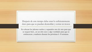 Después de este tiempo debe estar lo suficientemente
duro para que se puedan desmoldar y cortar en trozos
Se colocan los jabones sueltos y separados uno de otro para que
se sequen bien , en un sitio seco y algo ventilado para que se
endurezcan y maduren durante las próximas 6 -8 semanas.
 