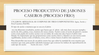 PROCESO PRODUCTIVO DE JABONES
CASEROS (PROCESO FRIO)
UN JABON ARTESANAL SE COMPONE DE TRES COMPONENETES. Agua, Aceite y
Sosa Caustica (NaOH)
El tipo de aceite o manteca que se usa en el jabón
nos da diferentes resultados, aceites que hacen que el jabón sale más duro son por ejemplo.:
aceite de oliva, palma, coco, manteca de cacao, karate. Aceites como el aceite de girasol y aceites
como el de pepita de uva(los aceites con un índice de yoda más alto) hacen el jabón más
blando. Es importante que las proporciones entre aceites duros y blandos en una receta estén
equilibradas, aceites como el babasu, coco, oliva y ricino hacen el jabón más espumoso.
Para desarrollar una receta de un jabón casero hay que saber la cantidad de sosa caustica que
tenemos que usar, para poder calcularla tenemos que conocer los índices de saponificación de
cada tipo de aceite. Aceite de coco – 0,187
 