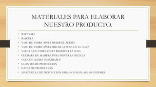 MATERIALES PARA ELABORAR
NUESTRO PRODUCTO.
• BATIDORA
• BASCULA
• VASO DE VIDRIO PARA MEDIR EL ACEITE
• VASO DE VIDRIO PARA DILUIR LA SOSA EN EL AGUA
• VARILLA DE VIDRIO PARA REMOVER LA SOSA
• CUCHARA DE MADERA PARA MOVER LA MEZCLA
• OLLA DE ACERO INOXIDABLE
• GUANTES DE PROTECCIÓN
• GAFAS DE PROTECCIÓN
• MASCARILLA DE PROTECCIÓN PARA NO INHALAR LOS VAPORES.
 
