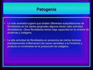 Patogenia
 La más acertada sugiere que existen diferentes subpoblaciones de
fibroblastos en los tejidos gingivales algunos tienen (alta actividad
fibroblástica). Otros fibroblastos tienen baja capacidad en la síntesis de
proteínas y colágeno.
 La alta actividad de fibroblastos en presencia de ciertos factores
predisponentes (inflamación) los hacen sensibles a la Fenitoína y
produce un incremento en la producción de colágeno.
 