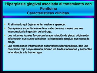  Al eliminarlo quirúrgicamente, vuelve a aparecer.
 Desaparece espontáneamente al cabo de unos meses una vez
interrumpida la ingestión de la droga.
 Los irritantes locales favorecen la acumulación de placa, originando
inflamación que suele complicar la hiperplasia gingival que causa la
droga.
 Las alteraciones inflamatorias secundarias sobreañadidas, dan una
coloración roja o roja azulada, borran los límites lobulados y aumentan
la tendencia a la hemorragia.
Hiperplasia gingival asociada al tratamiento con
Fenitoína
Características clínicas.
 