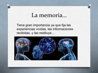 La memoria…
Tiene gran importancia ya que fija las
experiencias vividas, las informaciones
recibidas, y las restituye…
 