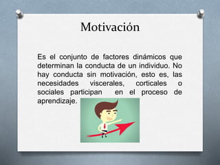 Motivación
Es el conjunto de factores dinámicos que
determinan la conducta de un individuo. No
hay conducta sin motivación, esto es, las
necesidades viscerales, corticales o
sociales participan en el proceso de
aprendizaje.
 