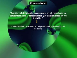 El aprendizaje
“Cambio relativamente permanente en el repertorio de
comportamiento , pensamientos y/o sentimientos de un
individuo”
Cambios como resultado de : Experiencia o interacción con
el medio
 