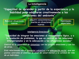 La Inteligencia
“Capacidad de aprender a partir de la experiencia y la
habilidad para adaptarse creativamente a las
condiciones del ambiente”
Resolver situaciones
nuevas
Adquirir conocimientos y
usarlos en situaciones
nuevas
Habilidades
especiales
Inteligencia Emocional
“Capacidad de integrar las emociones al razonamiento lógico, y a
la resolución de problemas, lo que es central en las relaciones
interpersonales y en la adecuación a las situaciones sociales”
Central es la capacidad de sintonizar con las propias emociones y con las
de otros.
Está relacionada con el bienestar subjetivo y la adecuación social, que son
puntos centrales al analizar el nivel de salud mental y la calidad de vida
de un individuo.
 