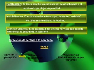 Habituación: de tanto percibir un estimulo nos acostumbramos a el,
terminando por dejar de percibirlo
Invisibilización: El estímulo se hace total o parcialmente “invisible”
en tanto su atención no lo focaliza.
Atención Selectiva: Es la capacidad del sistema nervioso que permite
diferenciar lo central de lo accesorio
Atribución de sentido a lo percibido
Agudizar la
percepción
Mejorar el
conocimiento
Visualizar las
limitaciones de lo que
captamos
tarea
 