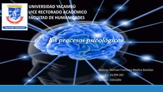 UNIVERSIDAD YACAMBÚ
VICE RECTORADO ACADÉMICO
FACULTAD DE HUMANIDADES
los procesos psicológicos
Alumno: Norman Francisco Medina Bastidas
C.I: 13.094.365
Sección: ED01D0V
 