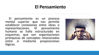 El Pensamiento
El pensamiento es un proceso
mental superior que nos permite
establecer conexiones entre ideas o
representaciones. El pensamiento
humano se halla estructurado en
esquemas, que son organizaciones
jerárquicas de conceptos relacionados
entre si mediante proposiciones
lógicas.
 