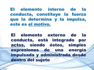 El elemento interno de la
conducta, constituye la fuerza
que la determina y la impulsa,
este es el motivo.

El elemento externo de la
conducta, está integrado por
actos, siendo éstos, simples
expresiones de una energía
impulsada y administrada desde
dentro del sujeto
 