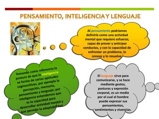 Al pensamiento podríamos
definirla como una actividad
mental que requiere esfuerzo,
capaz de prever y anticipar
conductas, y con la capacidad de
enfrentar un problema, lo
conoce y lo resuelve.
El lenguaje sirve para
comunicarse, y se hace
mediante gestos,
posturas y expresión
corporal, es un medio
por el cual el hombre
puede expresar sus
pensamientos,
sentimientos y vivencias.
 