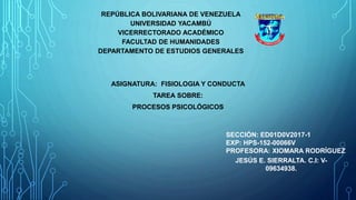 REPÚBLICA BOLIVARIANA DE VENEZUELA
UNIVERSIDAD YACAMBÚ
VICERRECTORADO ACADÉMICO
FACULTAD DE HUMANIDADES
DEPARTAMENTO DE ESTUDIOS GENERALES
ASIGNATURA: FISIOLOGIA Y CONDUCTA
TAREA SOBRE:
PROCESOS PSICOLÓGICOS
SECCIÓN: ED01D0V2017-1
EXP: HPS-152-00066V
PROFESORA: XIOMARA RODRÍGUEZ
JESÚS E. SIERRALTA. C.I: V-
09634938.
 