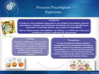 Procesos Psicológicos
Superiores
Inteligencia
se forma de varias aptitudes cognoscitivas, por ejemplo la percepción, memoria,
pensamiento y lenguaje; por inteligencia entendemos que es la capacidad para
desarrollar la actividad mental y que permite la adaptabilidad.
Todo ser humano posee estas aptitudes, sin embargo, es evidente que existe gran
variedad en el grado de aplicación de cada proceso.
Pensamiento
Es una actividad del sistema cognitivo
acompañado de los mecanismos de memoria,
atención, solución de problemas, aprendizaje,
razonamiento, etc. y al igual que las emociones
el pensamiento es una experiencia interna,
basadas en funciones perceptivas directas o en
evocación relativamente directo.
Lenguaje
Sistema de códigos que sirve rve para
comunicarse, y se hace mediante la
palabra, gestos, posturas y expresión
corporal, es un medio por el cual el
hombre puede expresar sus
pensamientos, sentimientos y
vivencias.
 