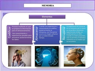 MEMORIA
Elementos
Codificar
Proceso mediante el cual
se prepara la información
para el almacenamiento.
Son conocimiento o
experiencias pasadas para
encontrar posteriormente
los datos.
Almacenar
Cuando una experiencia o
conocimiento se codifica,
posteriormente se
almacena, con frecuencia
ocurre sin ningún esfuerzo
por un determinado
tiempo.
Recuperar
La experiencia se conserva
en la memoria, por lo tanto
se recuerda o reconocen
experiencias vividas, se
puede pensar en ellos
cuando no están presentes,
esto le permite al individuo
orientarse en el medio que
se encuentra.
 