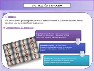 MOTIVACIÓN Y EMOCIÓN
 Emoción:
Son estados internos que no se pueden observar ni medir directamente, en el momento en que las personas
reaccionan a sus experiencias brotan las emociones.
Subjetivos: también llamado experiencia consciente
se refiere a las sensaciones y a la cognición, al darse
cuenta como me siento, que quiero, entre otros.
Fisiológicos: se refiere a las palpitaciones,
enrojecimiento facial, aumento del ritmo cardiaco, y
todas las reacciones que se manifiestan en el
cuerpo.
Conductuales: conocidas también como conducta
expresiva, son aquellas que se expresan con el
lenguaje corporal como gestos, posturas.
 Componentes de las Emociones:
 