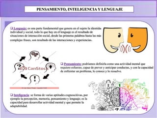 PENSAMIENTO, INTELIGENCIA Y LENGUAJE
 Pensamiento: podríamos definirla como una actividad mental que
requiere esfuerzo, capaz de prever y anticipar conductas, y con la capacidad
de enfrentar un problema, lo conoce y lo resuelve.
 Lenguaje: es una parte fundamental que genera en el sujeto la identidad
individual y social, todo lo que hay en el lenguaje es el resultado de
situaciones de interacción social, desde las primeras palabras hasta las más
complejas frases, son resultado de las interacciones y experiencias.
 Inteligencia: se forma de varias aptitudes cognoscitivas, por
ejemplo la percepción, memoria, pensamiento y lenguaje; es la
capacidad para desarrollar actividad mental y que permite la
adaptabilidad.
 