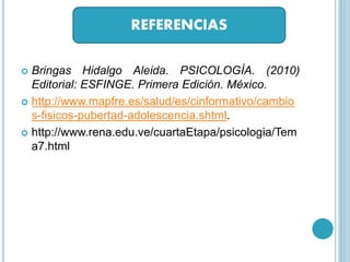  Bringas Hidalgo Aleida. PSICOLOGÍA. (2010)
Editorial: ESFINGE. Primera Edición. México.
 http://www.mapfre.es/salud/es/cinformativo/cambio
s-fisicos-pubertad-adolescencia.shtml.
 http://www.rena.edu.ve/cuartaEtapa/psicologia/Tem
a7.html
REFERENCIAS
 