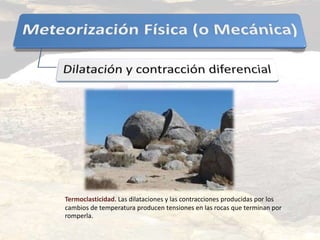 Termoclasticidad. Las dilataciones y las contracciones producidas por los
cambios de temperatura producen tensiones en las rocas que terminan por
romperla.
 
