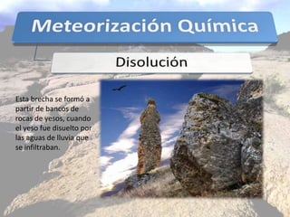 Esta brecha se formó a
partir de bancos de
rocas de yesos, cuando
el yeso fue disuelto por
las aguas de lluvia que
se infiltraban.
 
