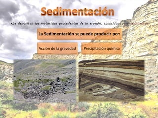 •Se depositan los materiales procedentes de la erosión, conocidos como sedimentos.


                La Sedimentación se puede producir por:

                Acción de la gravedad      Precipitación química
 