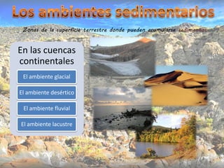 Zonas de la superficie terrestre donde pueden acumularse sedimentos


En las cuencas
continentales
 El ambiente glacial

El ambiente desértico

 El ambiente fluvial

El ambiente lacustre
 