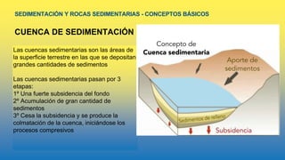 SEDIMENTACIÓN Y ROCAS SEDIMENTARIAS - CONCEPTOS BÁSICOS
CUENCA DE SEDIMENTACIÓN
Las cuencas sedimentarias son las áreas de
la superficie terrestre en las que se depositan
grandes cantidades de sedimentos
Las cuencas sedimentarias pasan por 3
etapas:
1º Una fuerte subsidencia del fondo
2º Acumulación de gran cantidad de
sedimentos
3º Cesa la subsidencia y se produce la
colmatación de la cuenca, iniciándose los
procesos compresivos
 