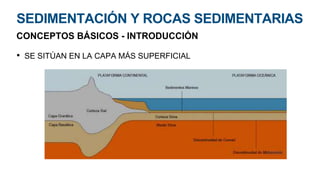 SEDIMENTACIÓN Y ROCAS SEDIMENTARIAS
CONCEPTOS BÁSICOS - INTRODUCCIÓN
• SE SITÚAN EN LA CAPA MÁS SUPERFICIAL
 