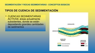 SEDIMENTACIÓN Y ROCAS SEDIMENTARIAS - CONCEPTOS BÁSICOS
TIPOS DE CUENCA DE SEDIMENTACIÓN
• CUENCAS SEDIMENTARIAS
ACTIVAS: áreas actualmente
subsidentes, donde se están
depositando grandes cantidades
de sedimentos
 