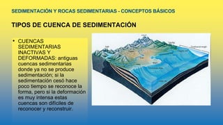 SEDIMENTACIÓN Y ROCAS SEDIMENTARIAS - CONCEPTOS BÁSICOS
TIPOS DE CUENCA DE SEDIMENTACIÓN
• CUENCAS
SEDIMENTARIAS
INACTIVAS Y
DEFORMADAS: antiguas
cuencas sedimentarias
donde ya no se produce
sedimentación; si la
sedimentación cesó hace
poco tiempo se reconoce la
forma, pero si la deformación
es muy intensa estas
cuencas son difíciles de
reconocer y reconstruir.
 