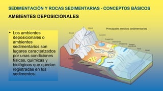 SEDIMENTACIÓN Y ROCAS SEDIMENTARIAS - CONCEPTOS BÁSICOS
AMBIENTES DEPOSICIONALES
• Los ambientes
deposicionales o
ambientes
sedimentarios son
lugares caracterizados
por unas condiciones
físicas, químicas y
biológicas que quedan
registradas en los
sedimentos.
 