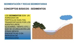SEDIMENTACIÓN Y ROCAS SEDIMENTARIAS
CONCEPTOS BÁSICOS - SEDIMENTOS
LOS SEDIMENTOS SON UN
AGREGADO DE
PARTÍCULAS SUELTAS,
TRANSPORTADOS POR LOS
AGENTES (RÍOS,
GLACIARES, VIENTO, ETC.)
QUE SE ACUMULAN EN LAS
ZONAS MENOS
ENERGÉTICAS O EN
PERÍODOS DE
TRANQUILIDAD.
 